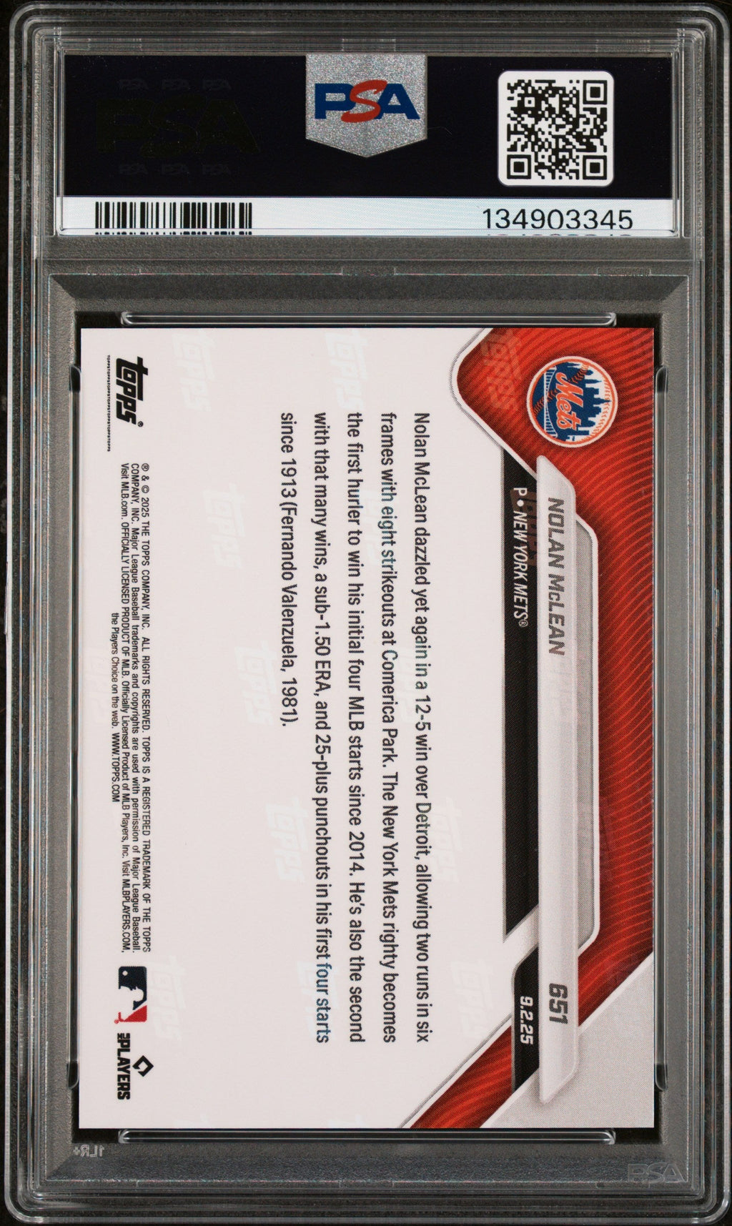 Graded 2025 Topps Now Nolan McLean #651 Rookie RC Baseball Card PSA 9 Mint
