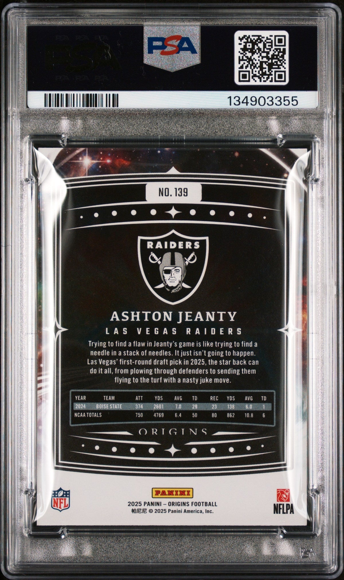 Graded 2025 Panini Origins Ashton Jeanty #139 Rookie RC Football Card PSA 10 Gem Mint
