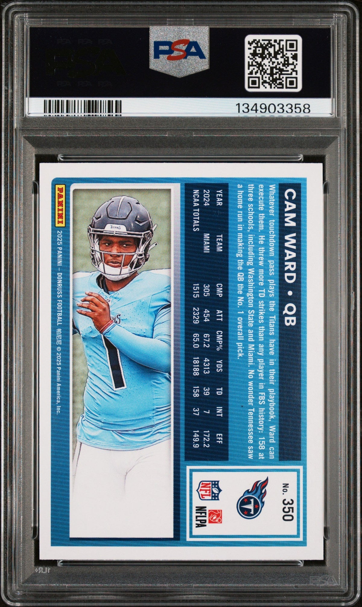 Graded 2025 Panini Donruss Cam Ward #350 Rookie RC Football Card PSA 9 Mint