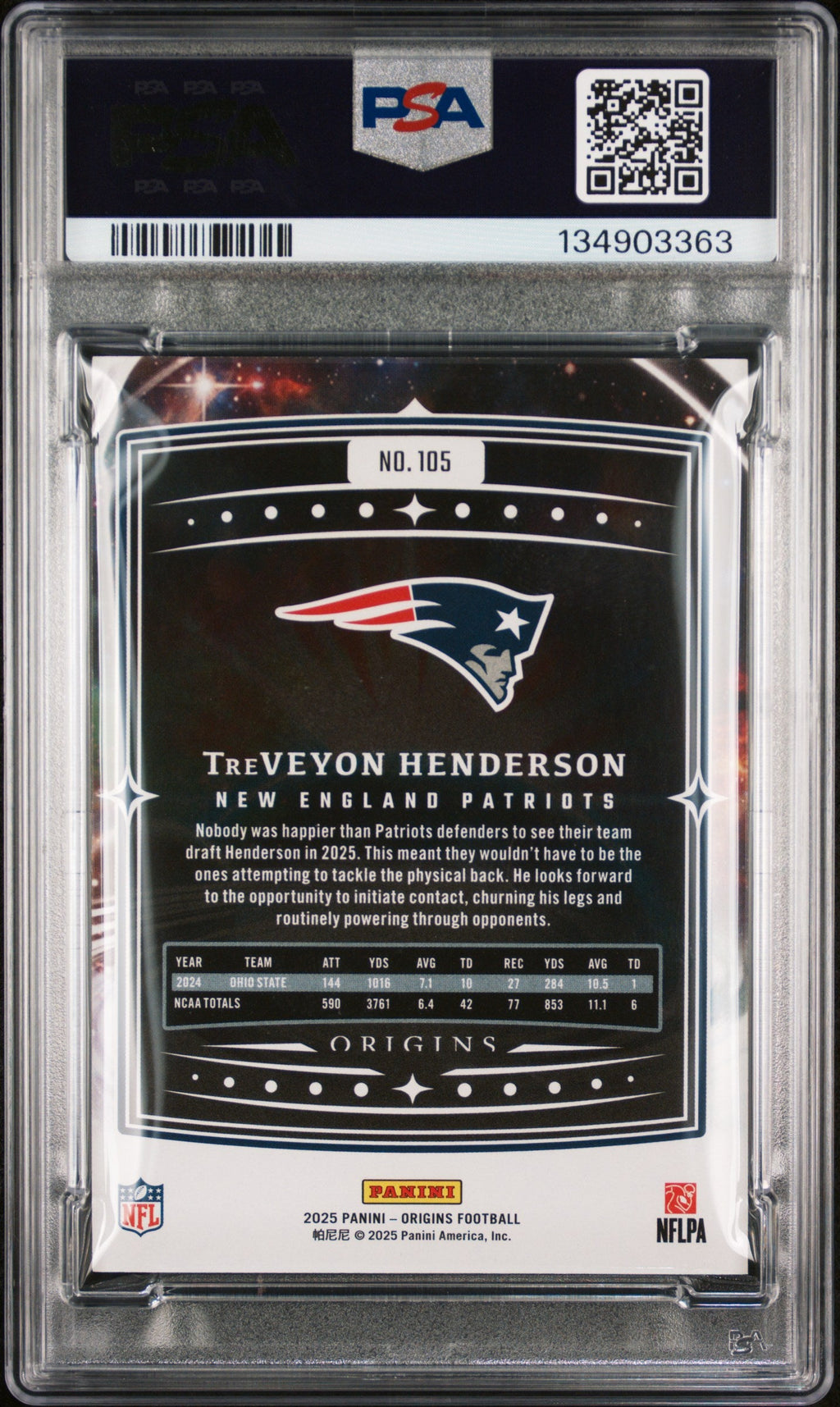 Graded 2025 Panini Origins TreVeyon Henderson #105 Rookie RC Football Card PSA 10 Gem Mint