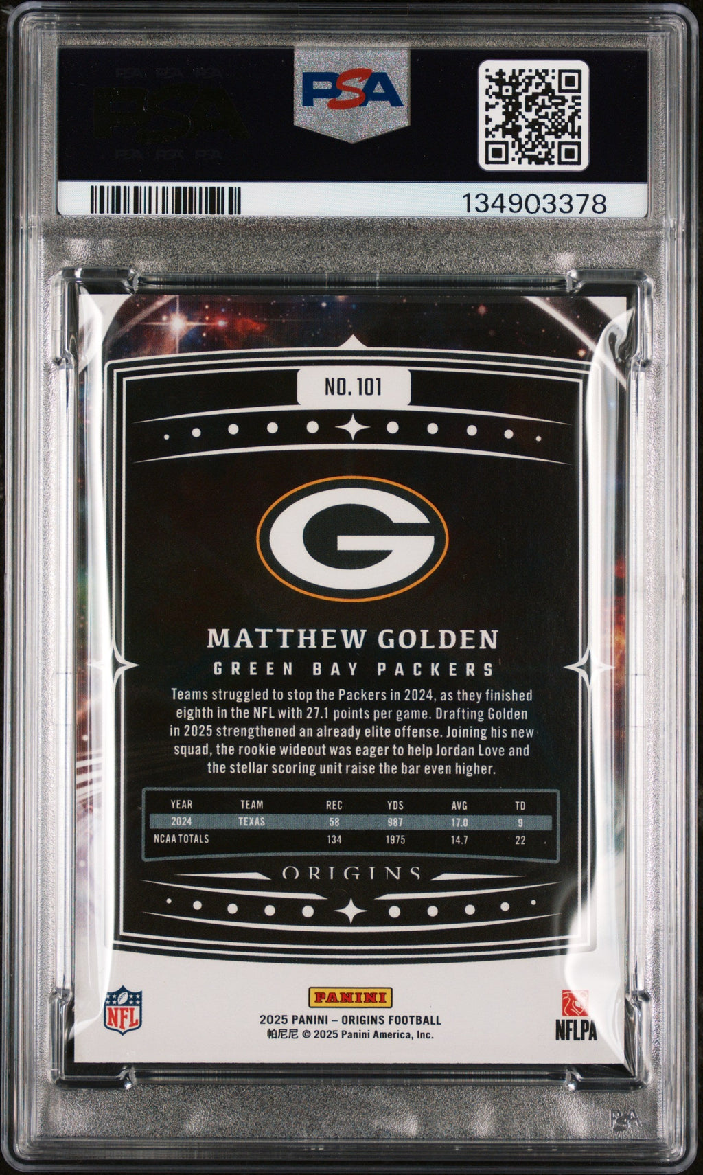 Graded 2025 Panini Origins Matthew Golden #101 Rookie RC Football Card PSA 9 Mint