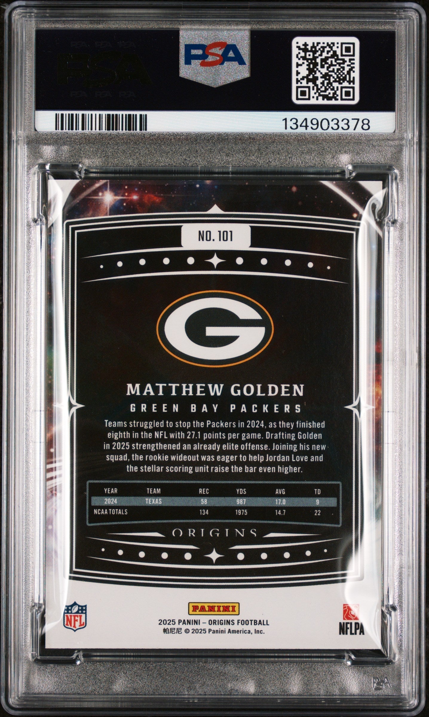 Graded 2025 Panini Origins Matthew Golden #101 Rookie RC Football Card PSA 9 Mint