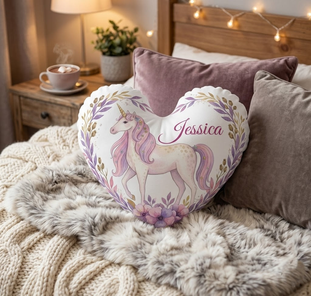 Personalized Unicorn Heart Pillow – Custom Name Gift – Cotton Filling Included
