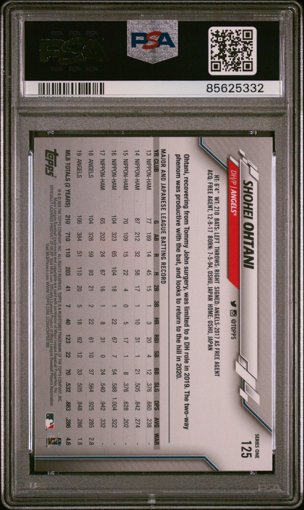 Graded 2020 Topps Complete Set Shohei Ohtani #125 Gold Stars Baseball Card PSA 9 Mint
