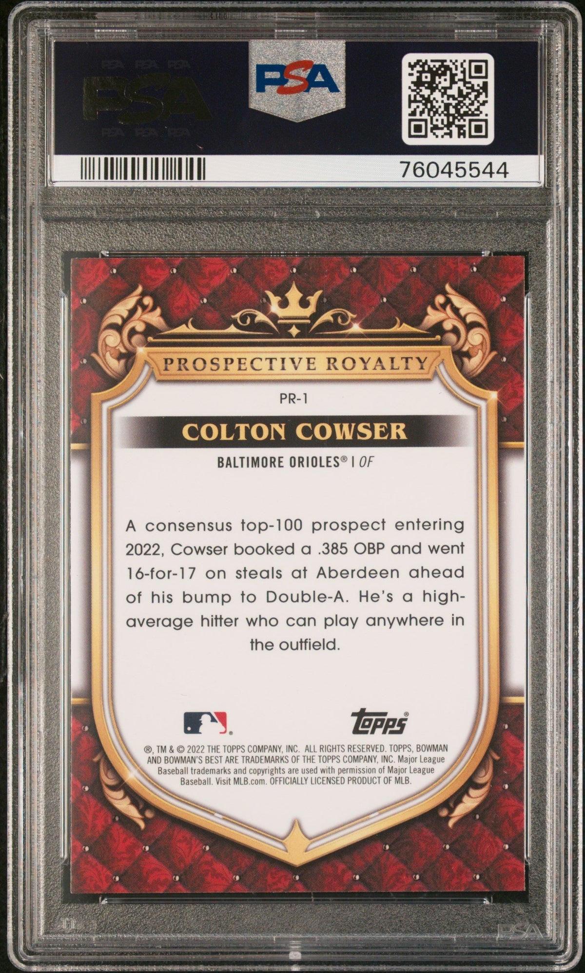 Graded 2022 Topps Bowmans Best Colton Cowser #PR1 Prospective Royalty Rookie RC Baseball Card PSA 10 Gem Mint