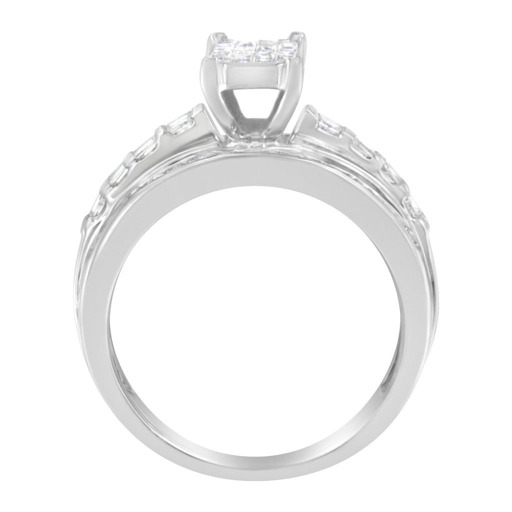 14K White Gold 1.0 Cttw Mixed-Cut Diamond Rectangle Invisible-Set Composite Cluster Ring with Bar- and Channel-Set Band (H-I Color, SI2-I1 Clarity) - Size 7