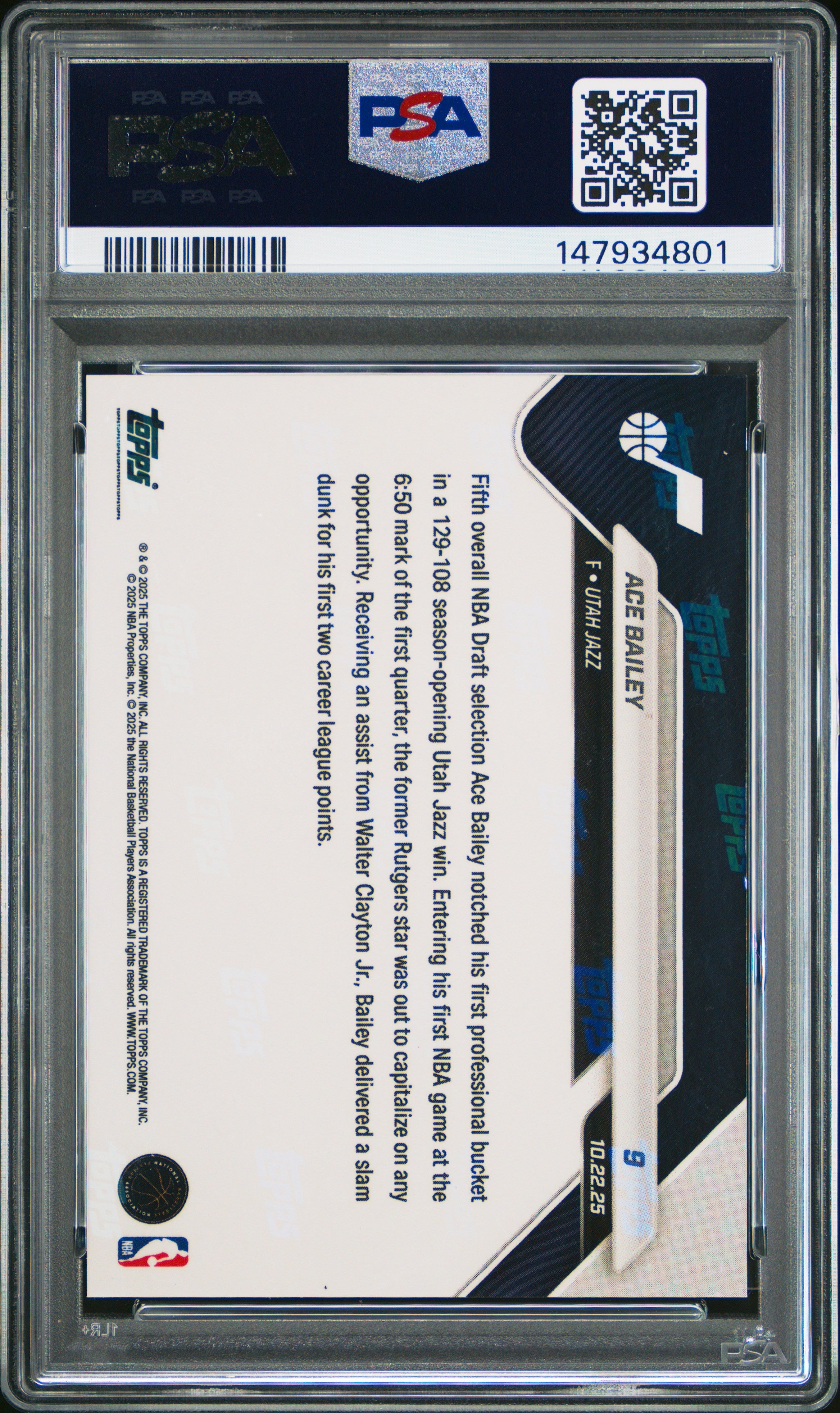 Graded 2025 Topps Now Ace Bailey #9 FoilFractor 1/1 Rookie RC Basketball Card PSA 9 Mint