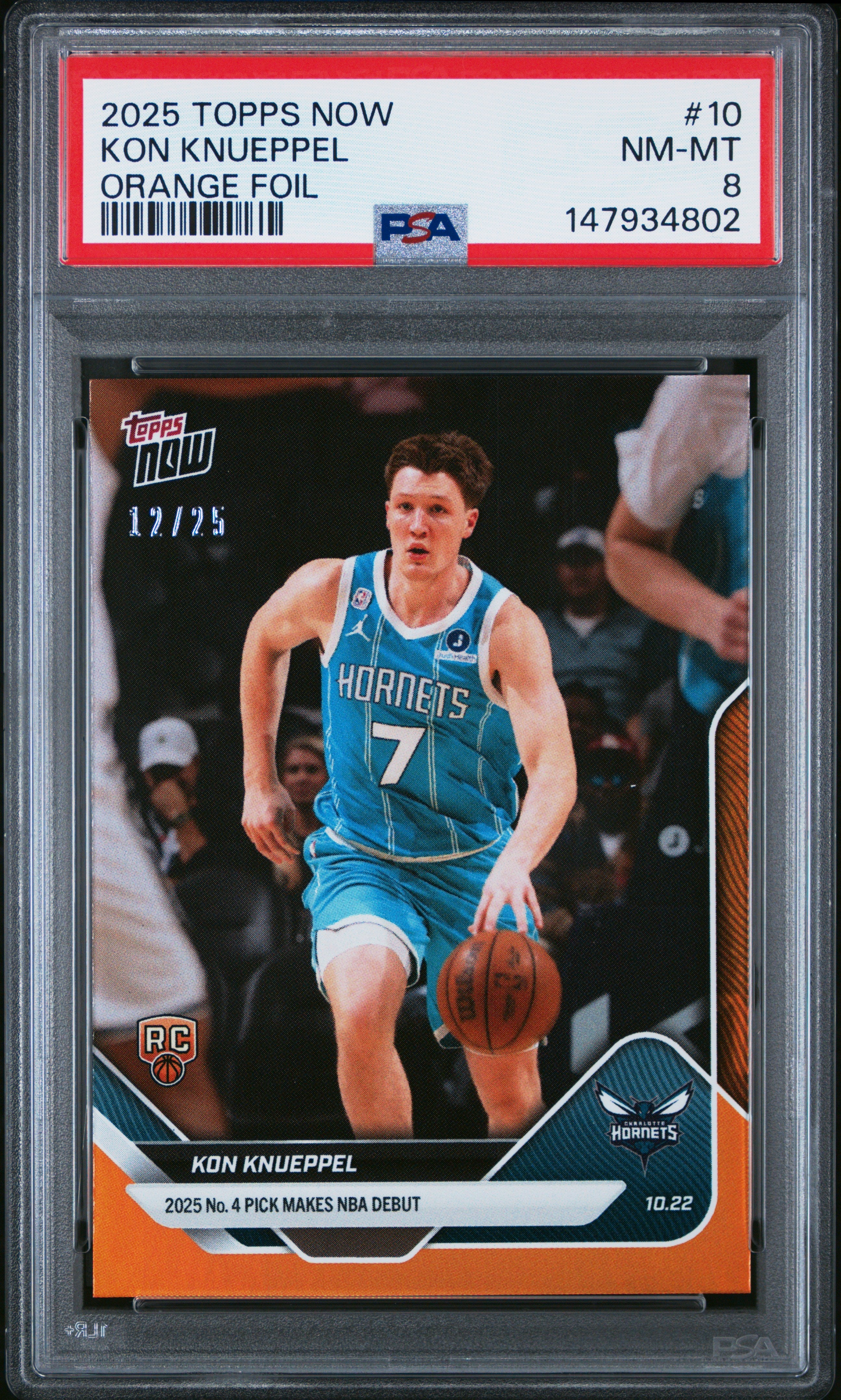 Graded 2025 Topps Now Kon Knueppel #10 Orange Foil /25 Rookie RC Basketball Card PSA 8 Near Mint