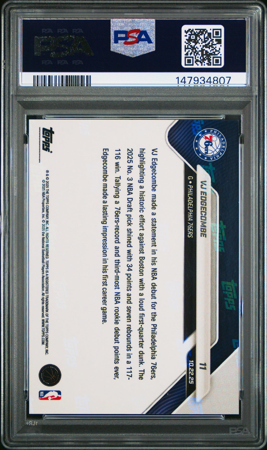Graded 2025 Topps Now VJ Edgecombe #11 Green Foil /99 Rookie RC Basketball Card PSA 8 Near Mint