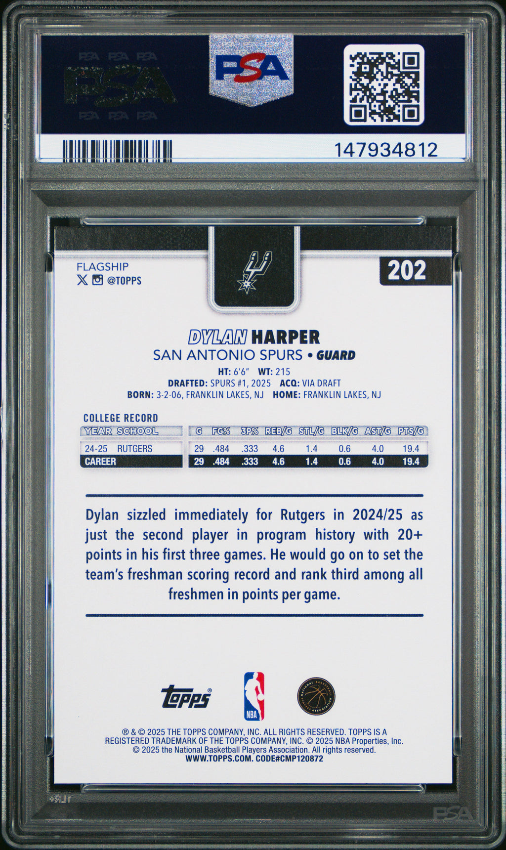 Graded 2025 Topps Dylan Harper #202 Rookie RC Basketball Card PSA 9 Mint