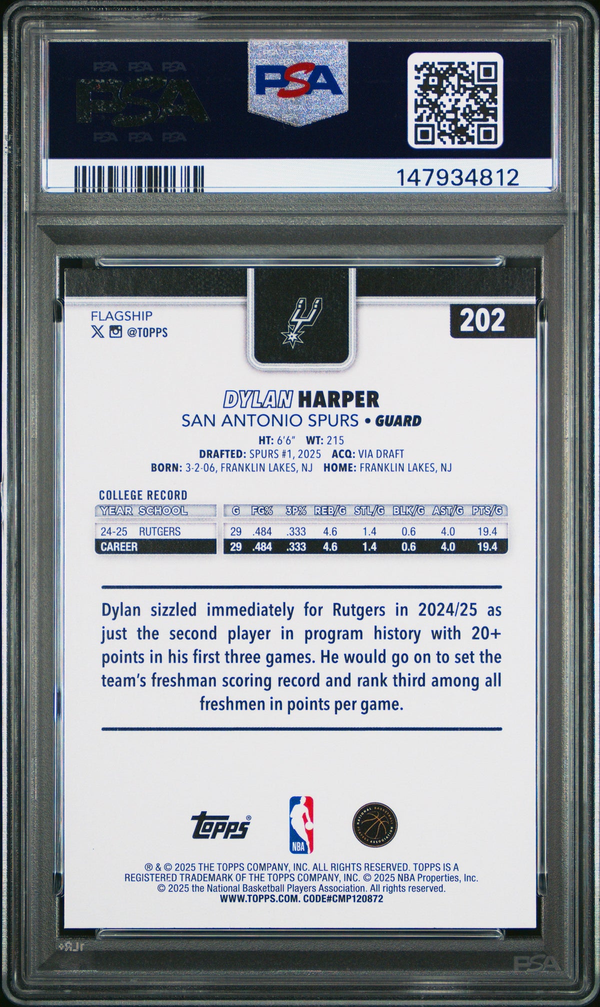 Graded 2025 Topps Dylan Harper #202 Rookie RC Basketball Card PSA 9 Mint