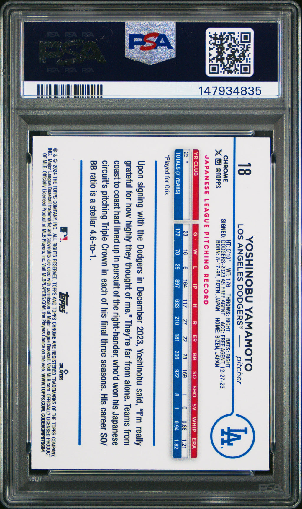 Graded 2024 Topps Chrome Yoshinobu Yamamoto #18 Sepia Refractor Rookie RC Baseball Card PSA 9 Mint