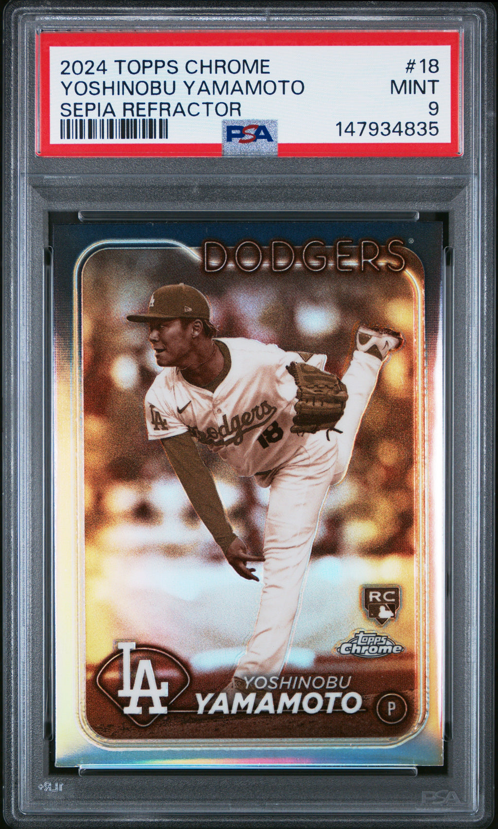 Graded 2024 Topps Chrome Yoshinobu Yamamoto #18 Sepia Refractor Rookie RC Baseball Card PSA 9 Mint