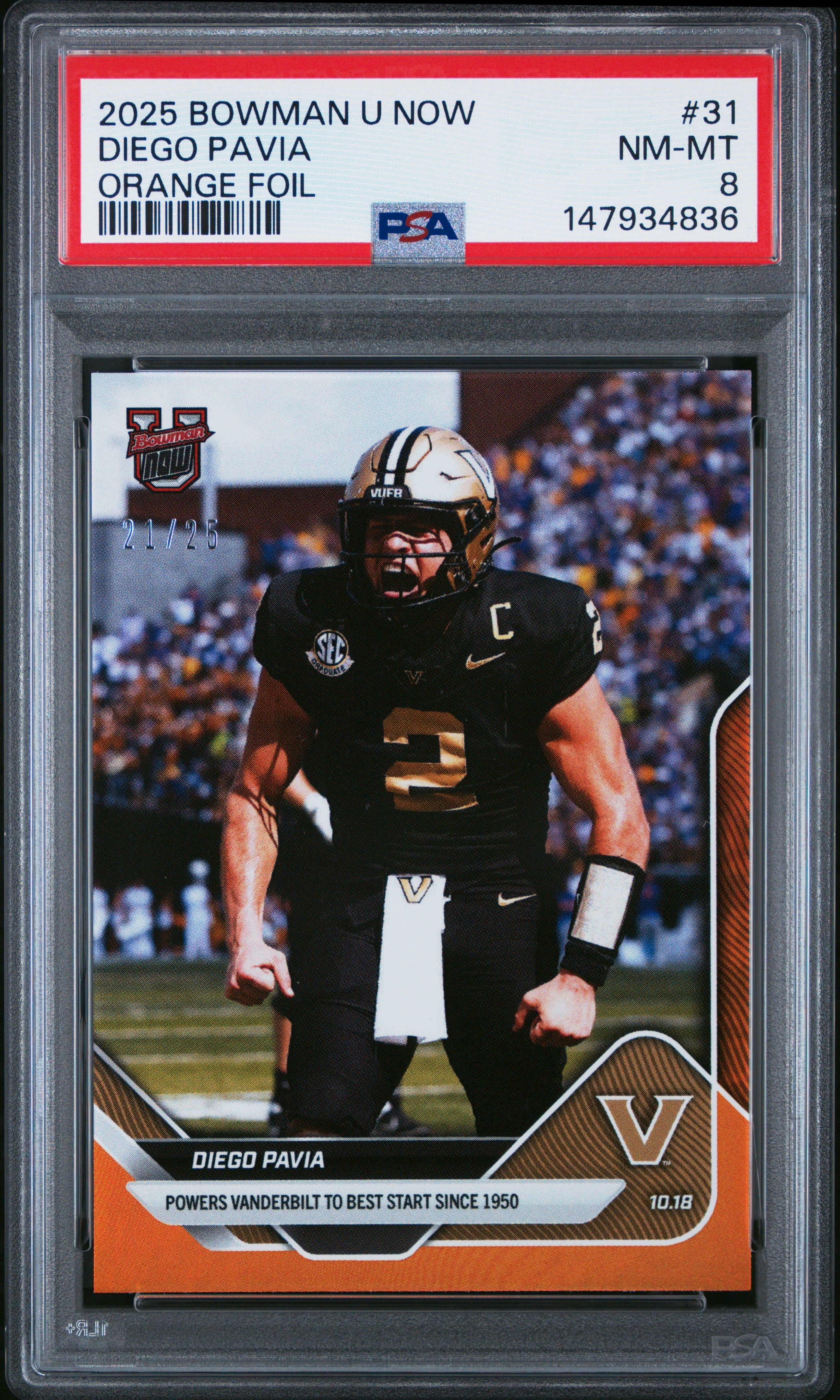 Graded 2025 Topps Bowman U Now Diego Pavia #31 Orange Foil /25 Rookie RC Football Card PSA 8 Near Mint
