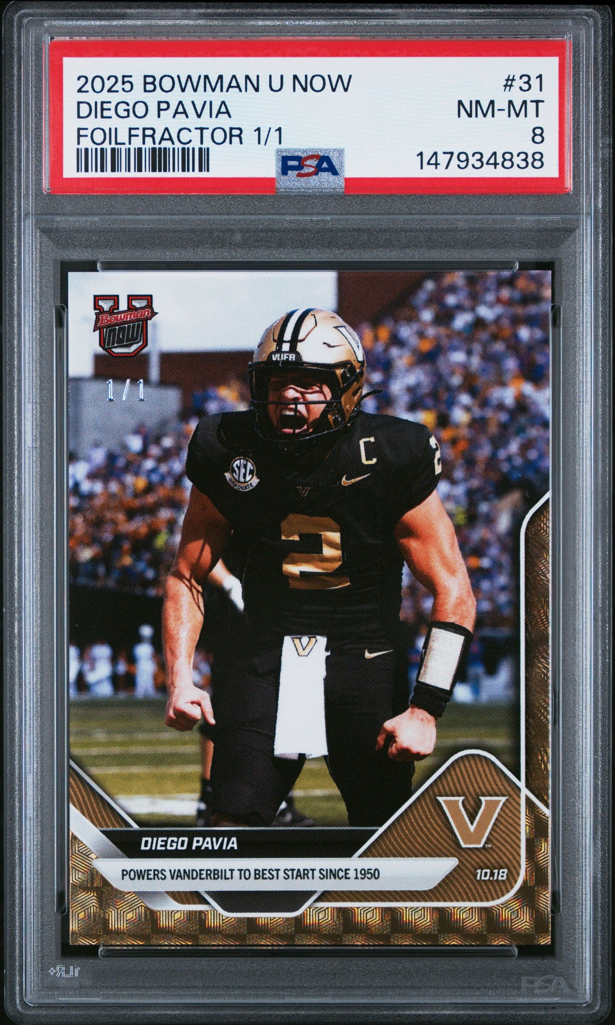 Graded 2025 Topps Bowman U Now Diego Pavia #31 FoilFractor 1/1 Rookie RC Football Card PSA 8 Near Mint