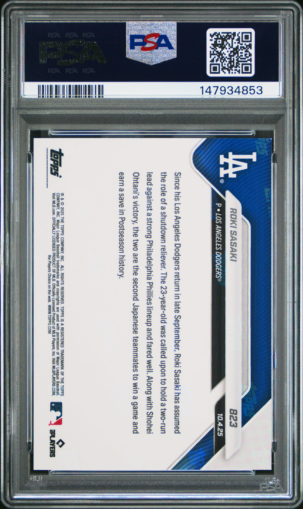 Graded 2025 Topps Now Roki Sasaki #823 Rookie RC Baseball Card PSA 8 Near Mint