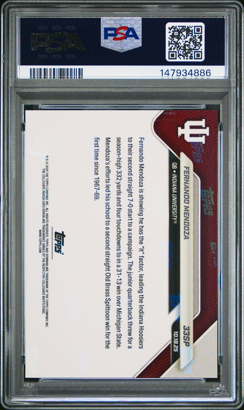 Graded 2025 Topps Bowman U Now Fernando Mendoza #33SP Rookie RC Football Card PSA 10 Gem Mint