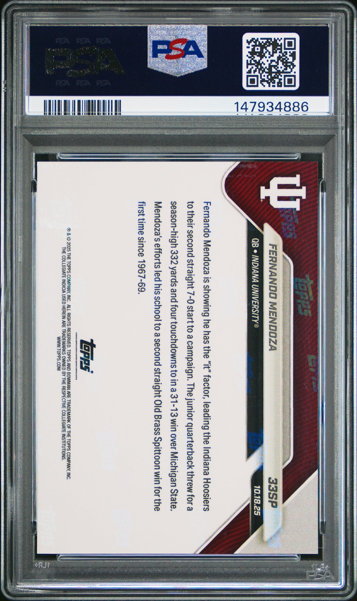 Graded 2025 Topps Bowman U Now Fernando Mendoza #33SP Rookie RC Football Card PSA 10 Gem Mint