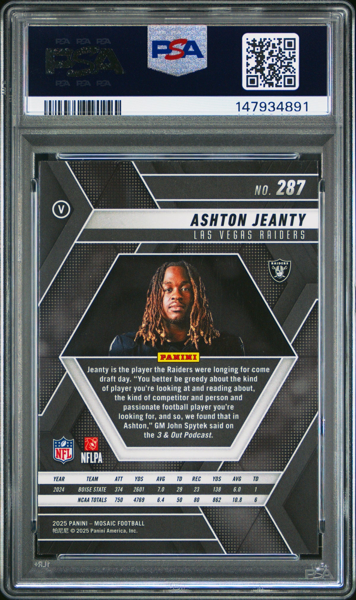 Graded 2025 Panini Mosaic Ashton Jeanty #287 Rookie RC Football Card PSA 8 Near Mint