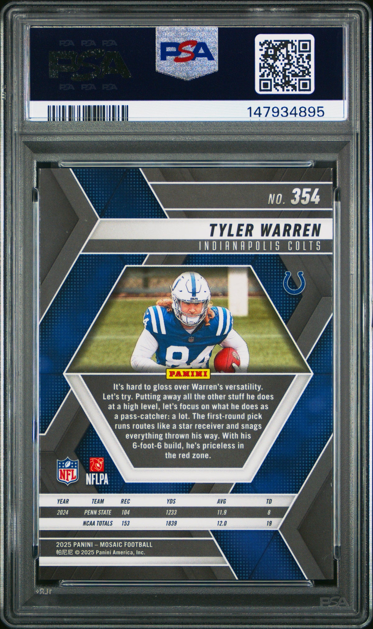 Graded 2025 Panini Mosaic Tyler Warren #354 Rookie RC Football Card PSA 9 Mint