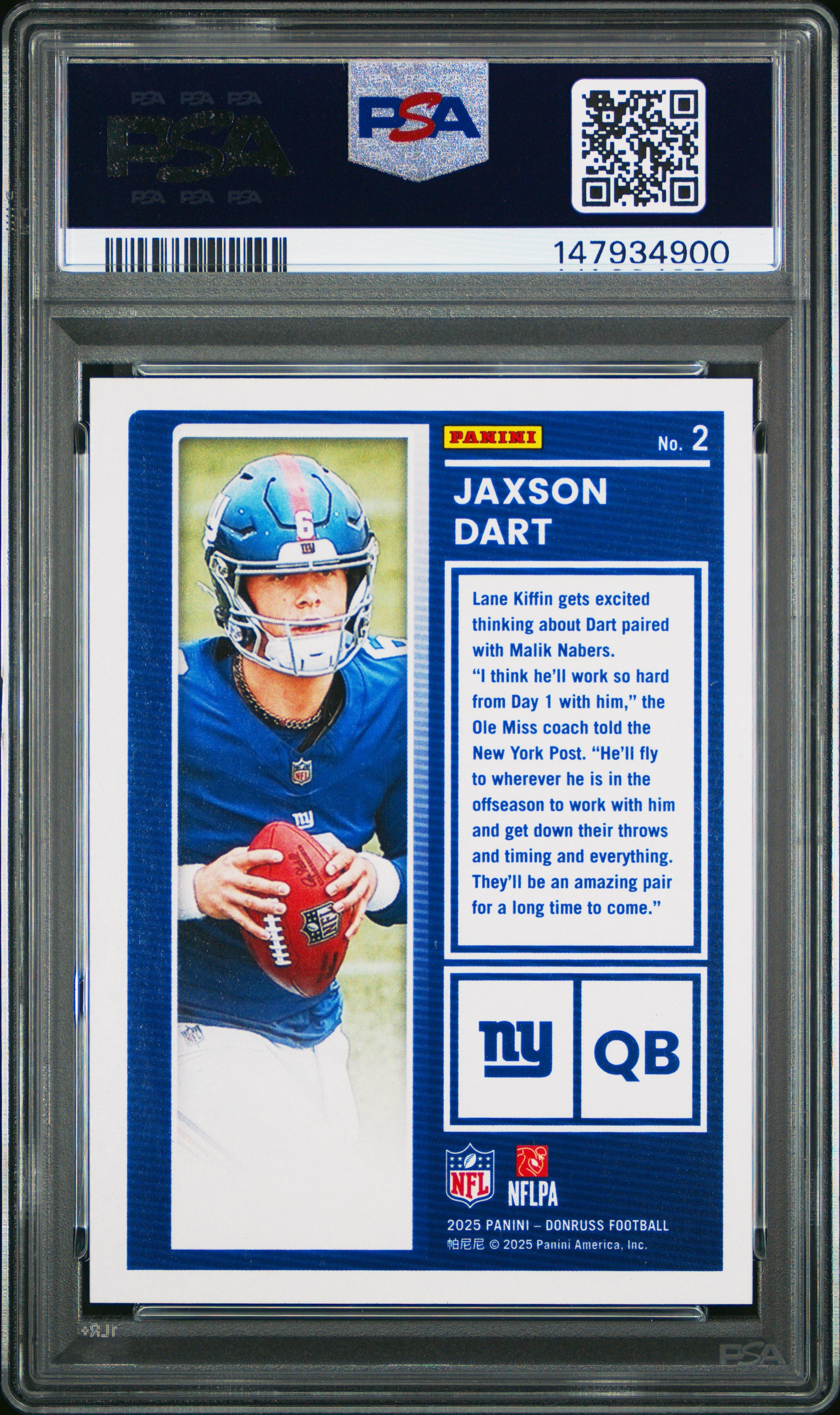 Graded 2025 Panini Donruss Jaxson Dart #2 The Rookies Rookie RC Football Card PSA 9 Mint