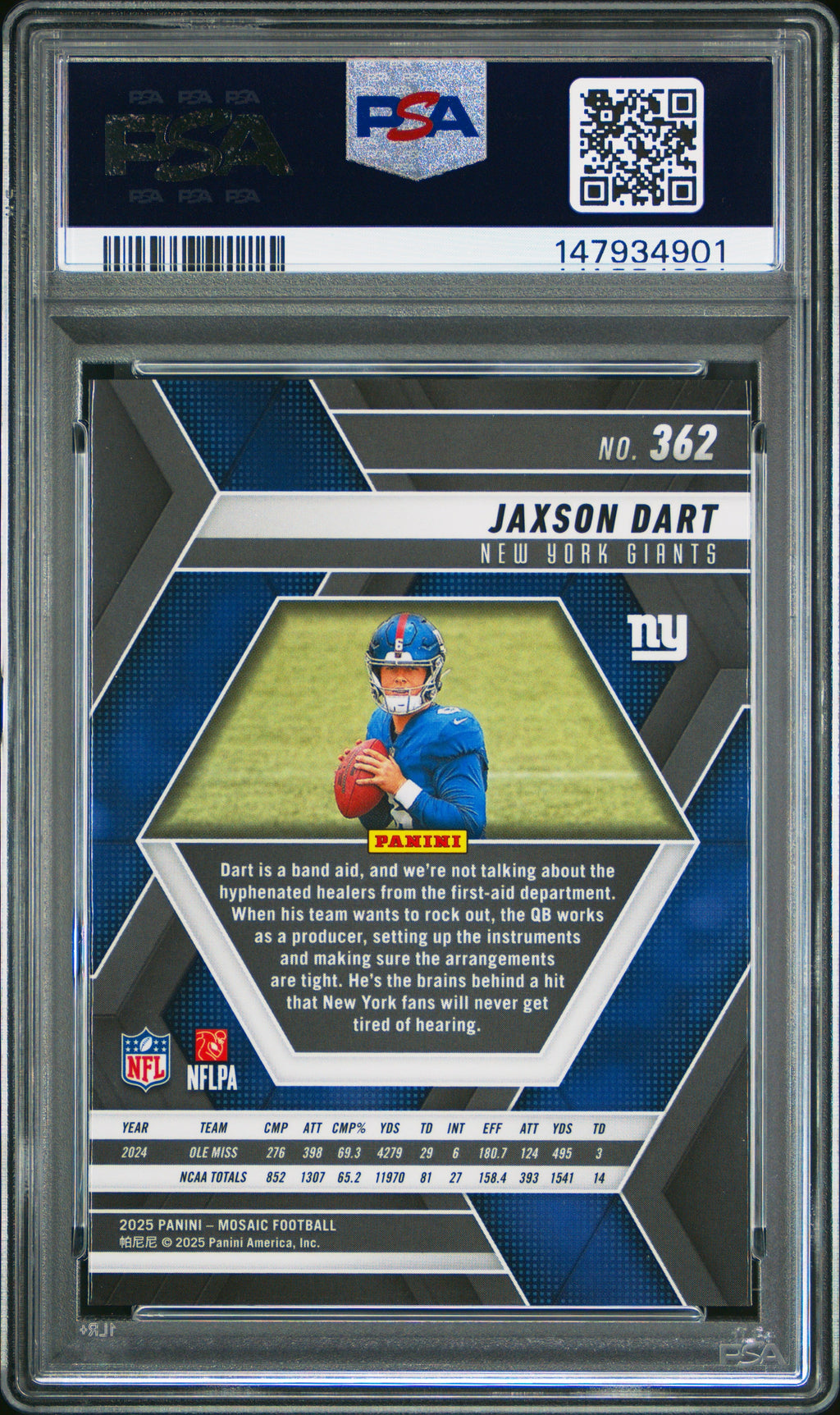 Graded 2025 Panini Mosaic Jaxson Dart #362 Rookie RC Football Card PSA 9 Mint