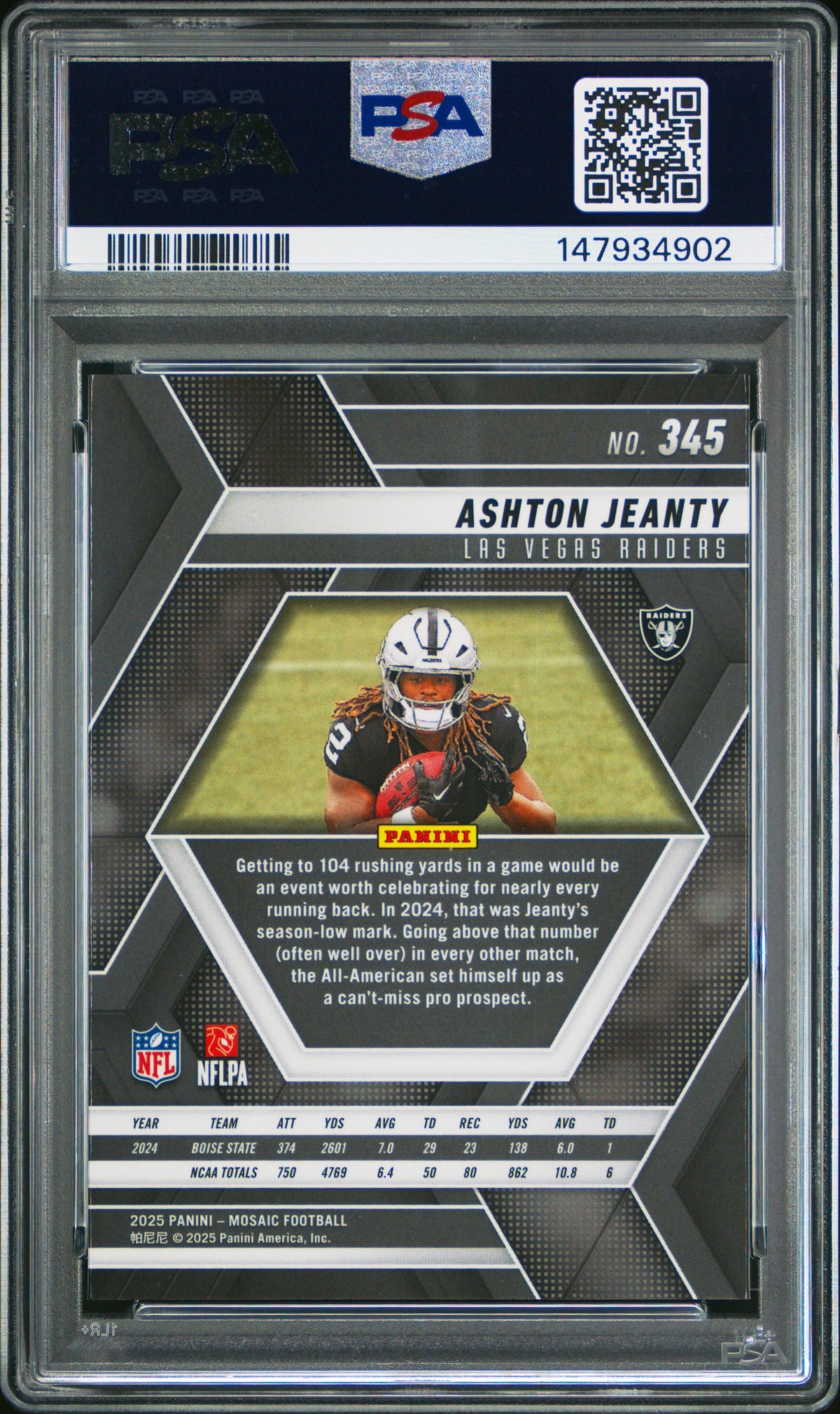 Graded 2025 Panini Mosaic Ashton Jeanty #345 Rookie RC Football Card PSA 10 Gem Mint