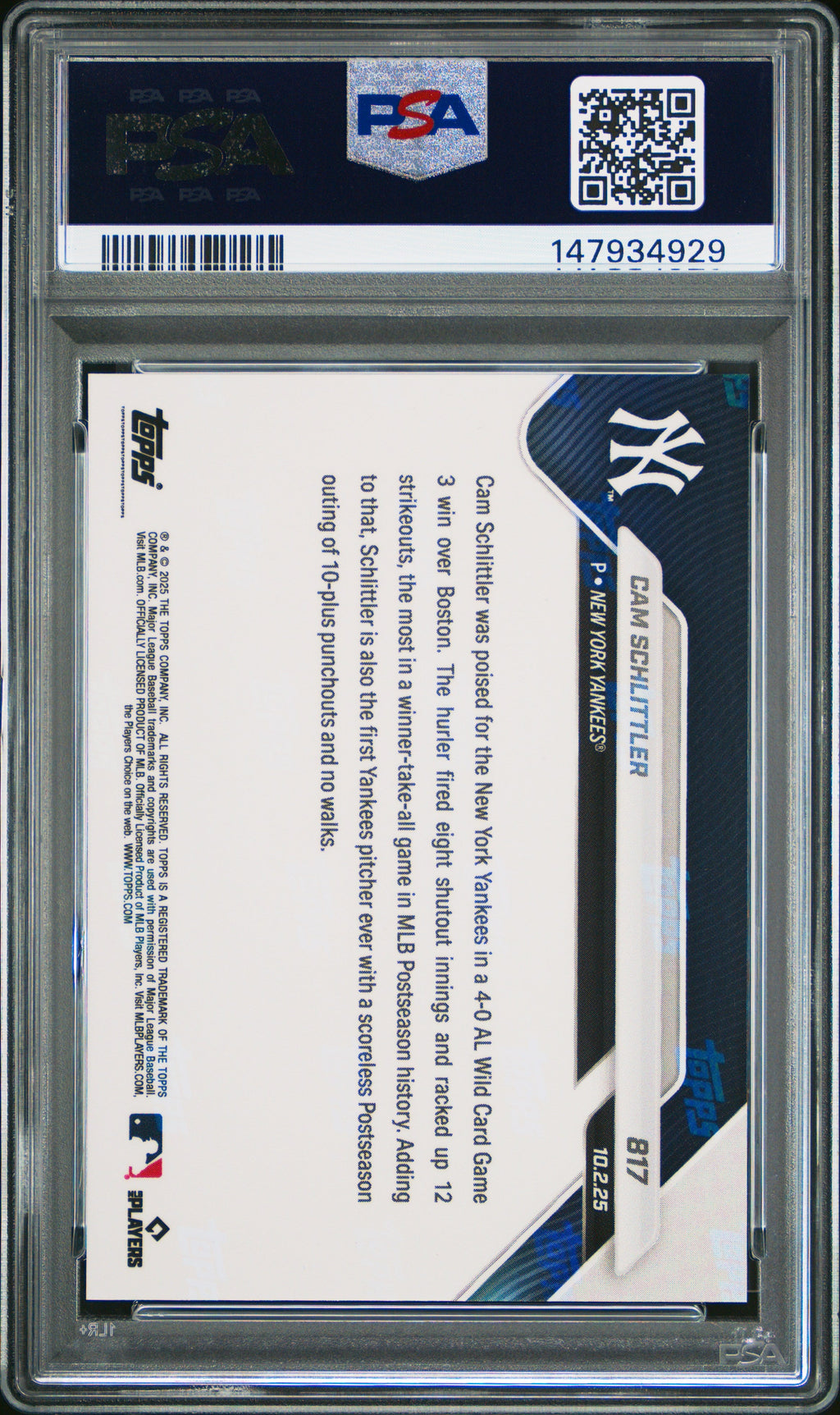 Graded 2025 Topps Now Cam Schlittler #817 Rookie RC Baseball Card PSA 10 Gem Mint