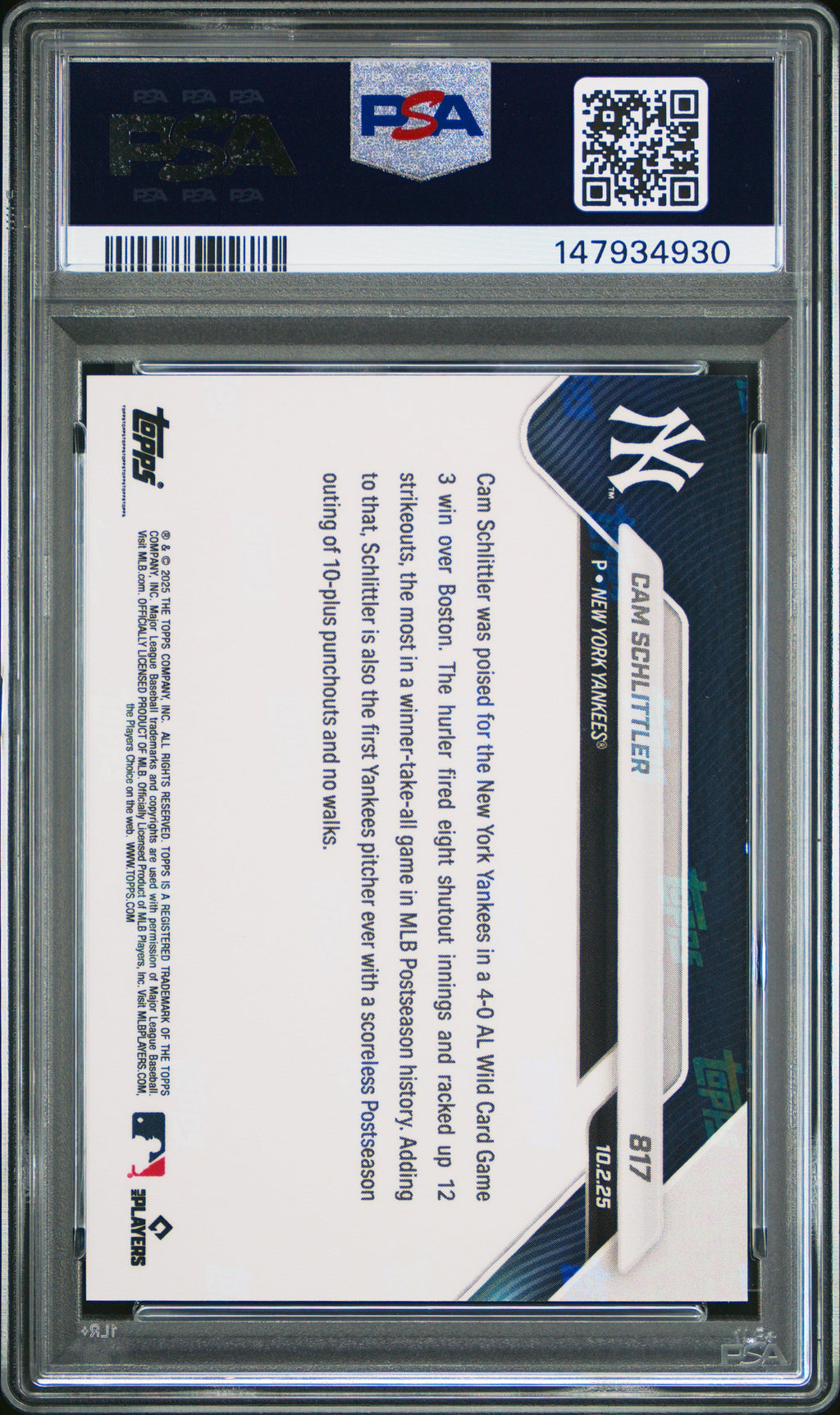 Graded 2025 Topps Now Cam Schlittler #817 Rookie RC Baseball Card PSA 9 Mint