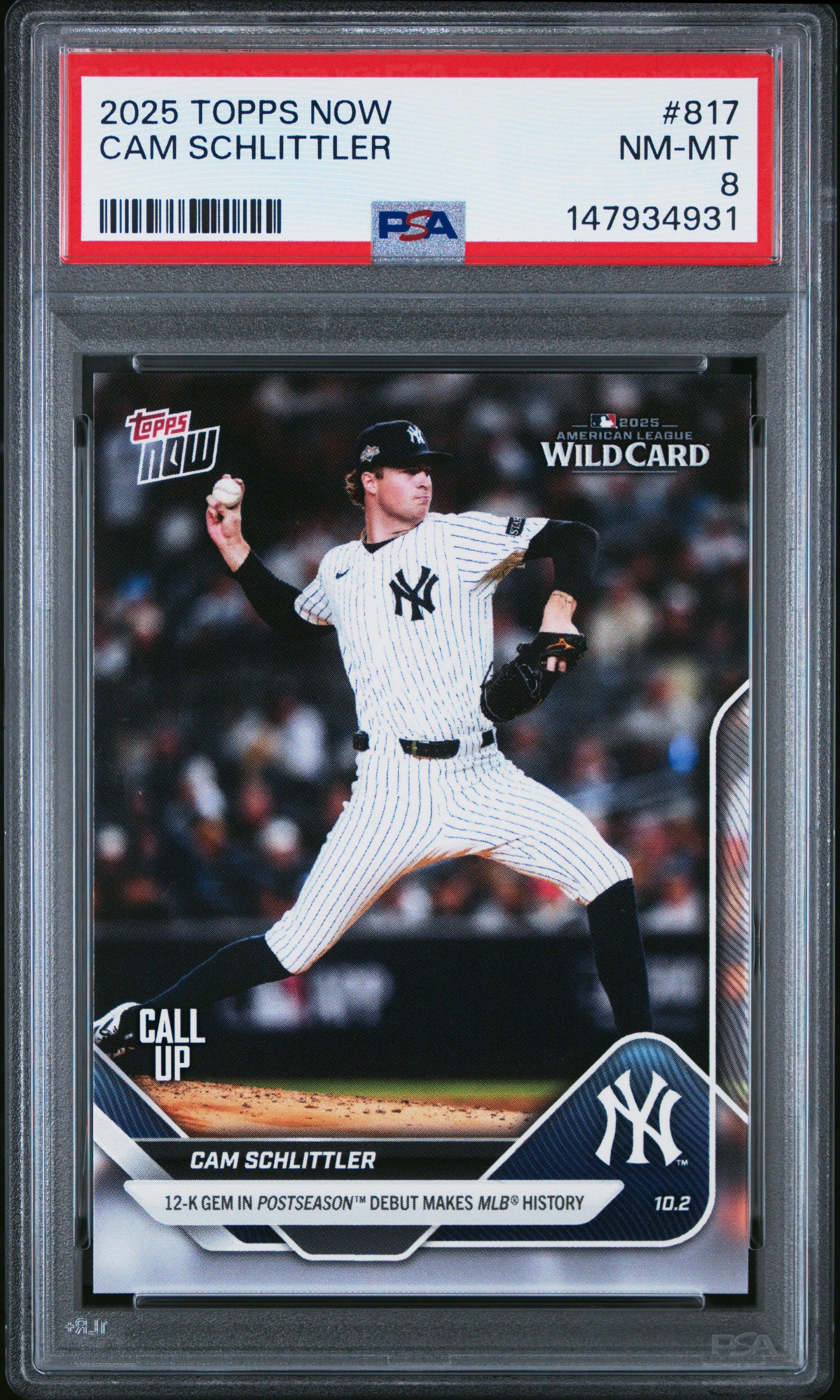 Graded 2025 Topps Now Cam Schlittler #817 Rookie RC Baseball Card PSA 8 Near Mint