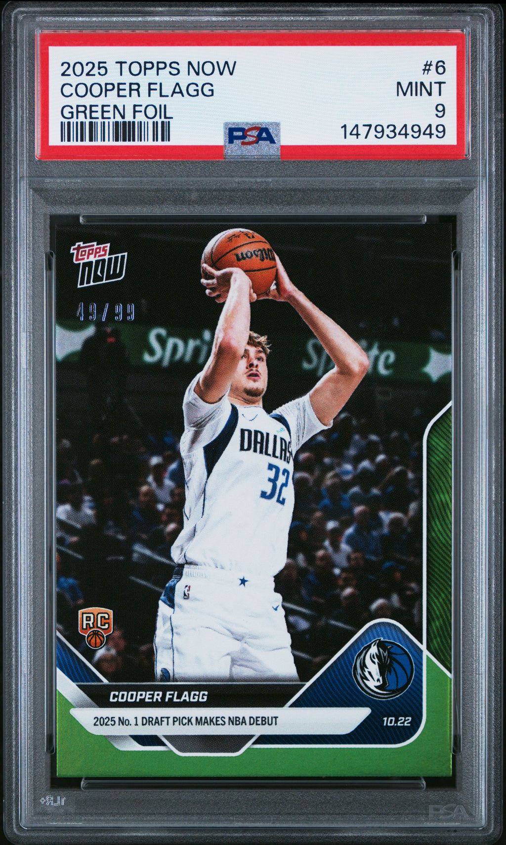 Graded 2025 Topps Now Cooper Flagg #6 Green Foil /99 Rookie RC Basketball Card PSA 9 Mint