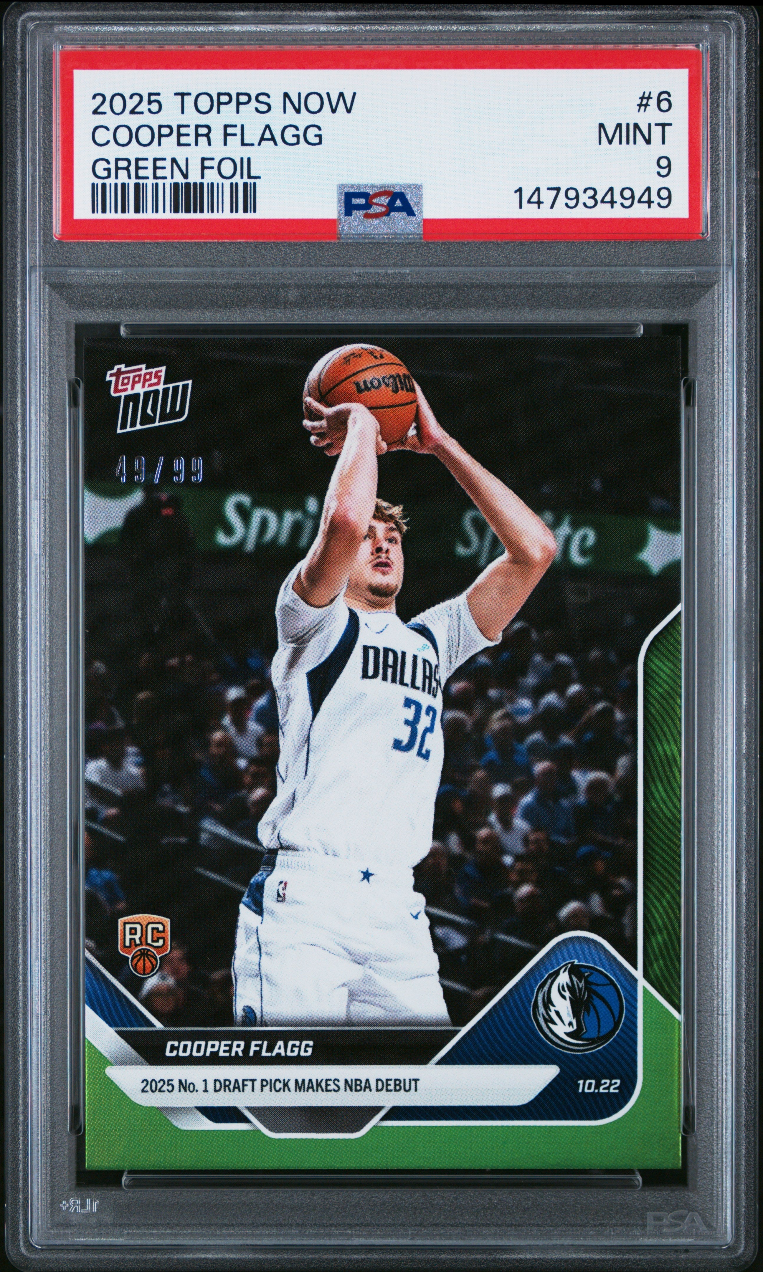 Graded 2025 Topps Now Cooper Flagg #6 Green Foil /99 Rookie RC Basketball Card PSA 9 Mint