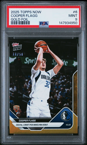 Graded 2025 Topps Now Cooper Flagg #6 Gold Foil /50 Rookie RC Basketball Card PSA 9 Mint
