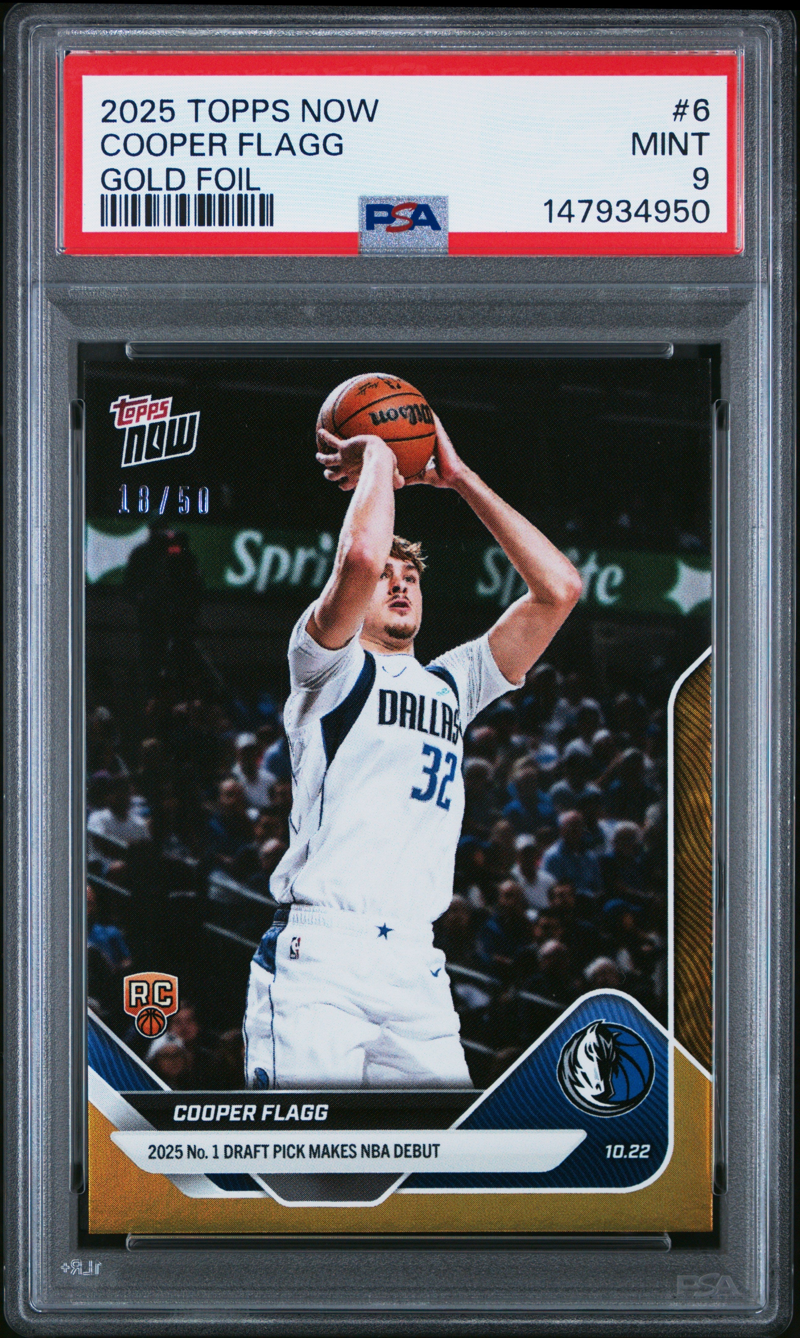 Graded 2025 Topps Now Cooper Flagg #6 Gold Foil /50 Rookie RC Basketball Card PSA 9 Mint