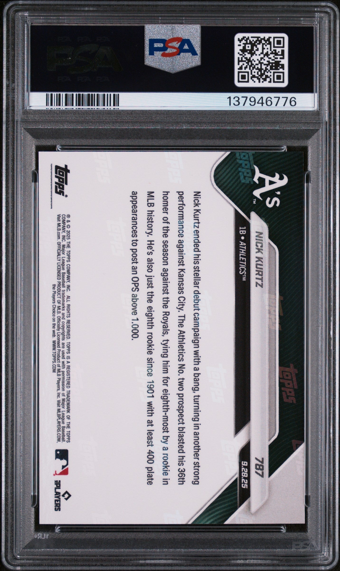 Graded 2025 Topps Now Nick Kurtz #787 Rookie RC Baseball Card PSA 8 Near Mint
