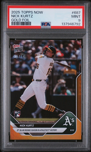 Graded 2025 Topps Now Nick Kurtz #687 Gold Foil /50 Rookie RC Baseball Card PSA 9 Mint