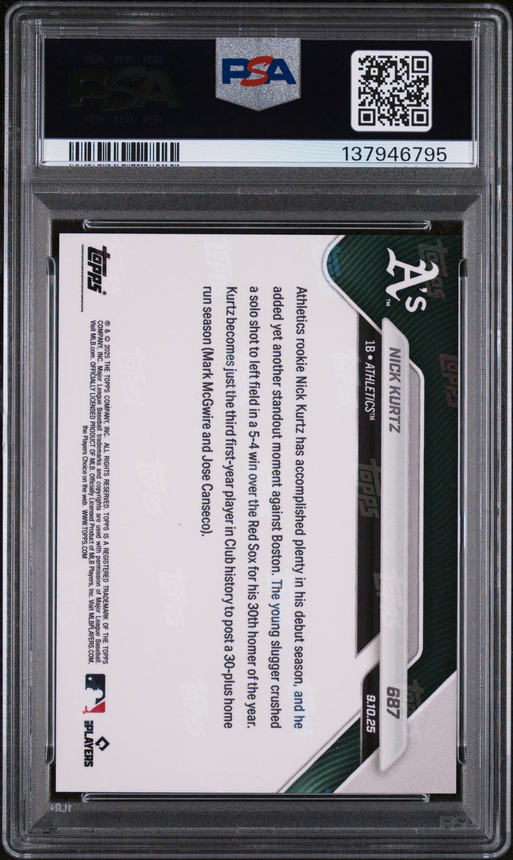 Graded 2025 Topps Now Nick Kurtz #687 Rookie RC Baseball Card PSA 10 Gem Mint