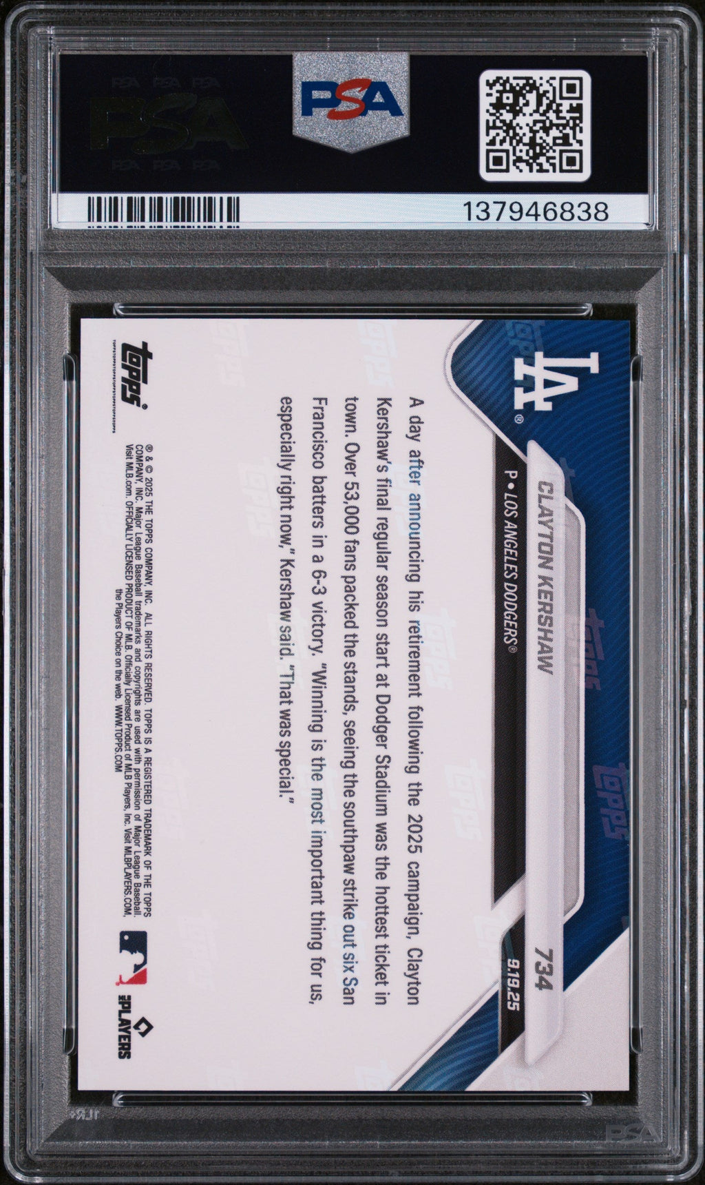 Graded 2025 Topps Now Clayton Kershaw #734 Baseball Card PSA 9 Mint
