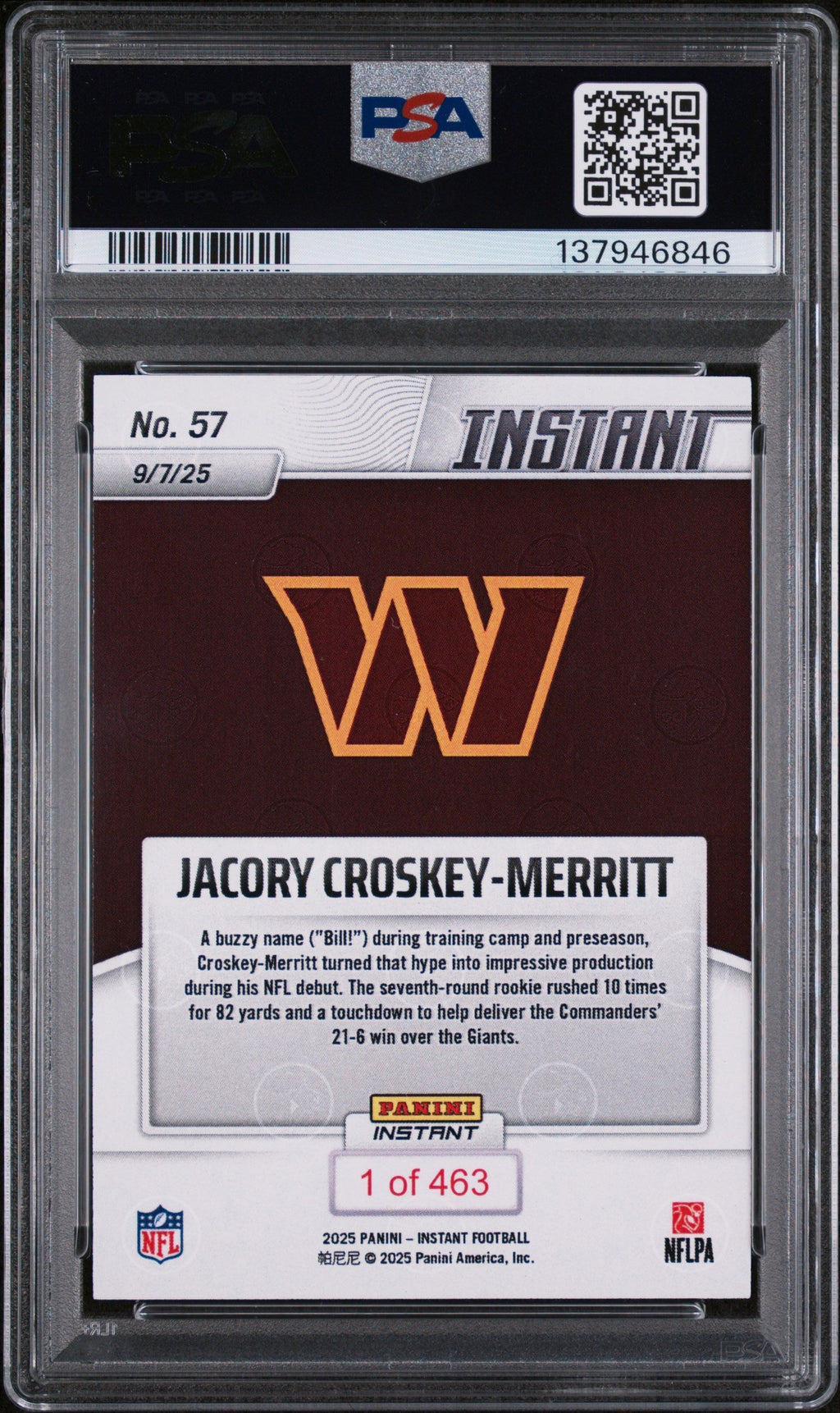 Graded 2025 Panini Instant Jacory Croskey-Merritt #57 Rookie RC Football Card PSA 9 Mint