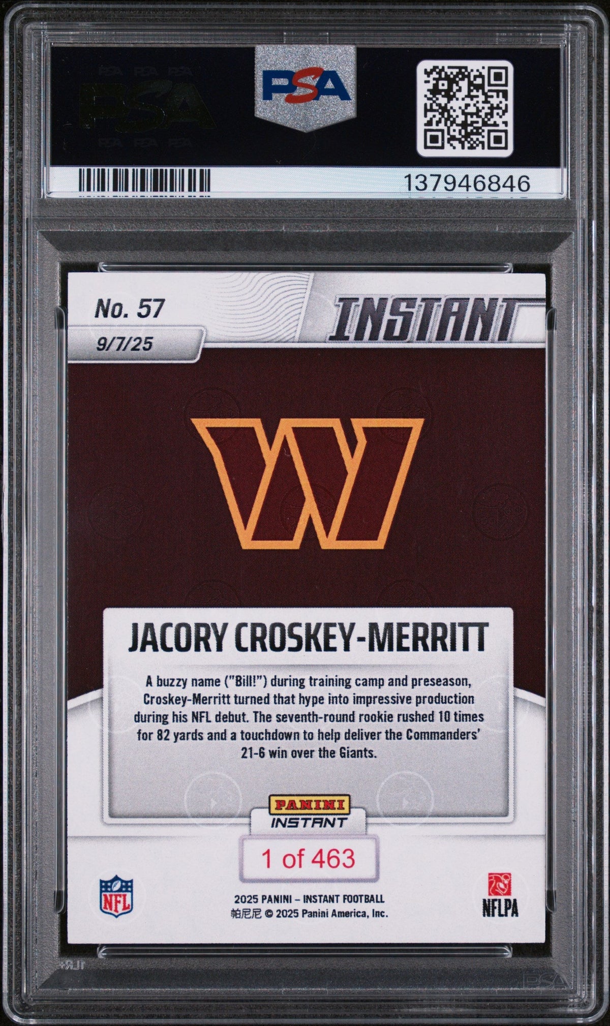 Graded 2025 Panini Instant Jacory Croskey-Merritt #57 Rookie RC Football Card PSA 9 Mint