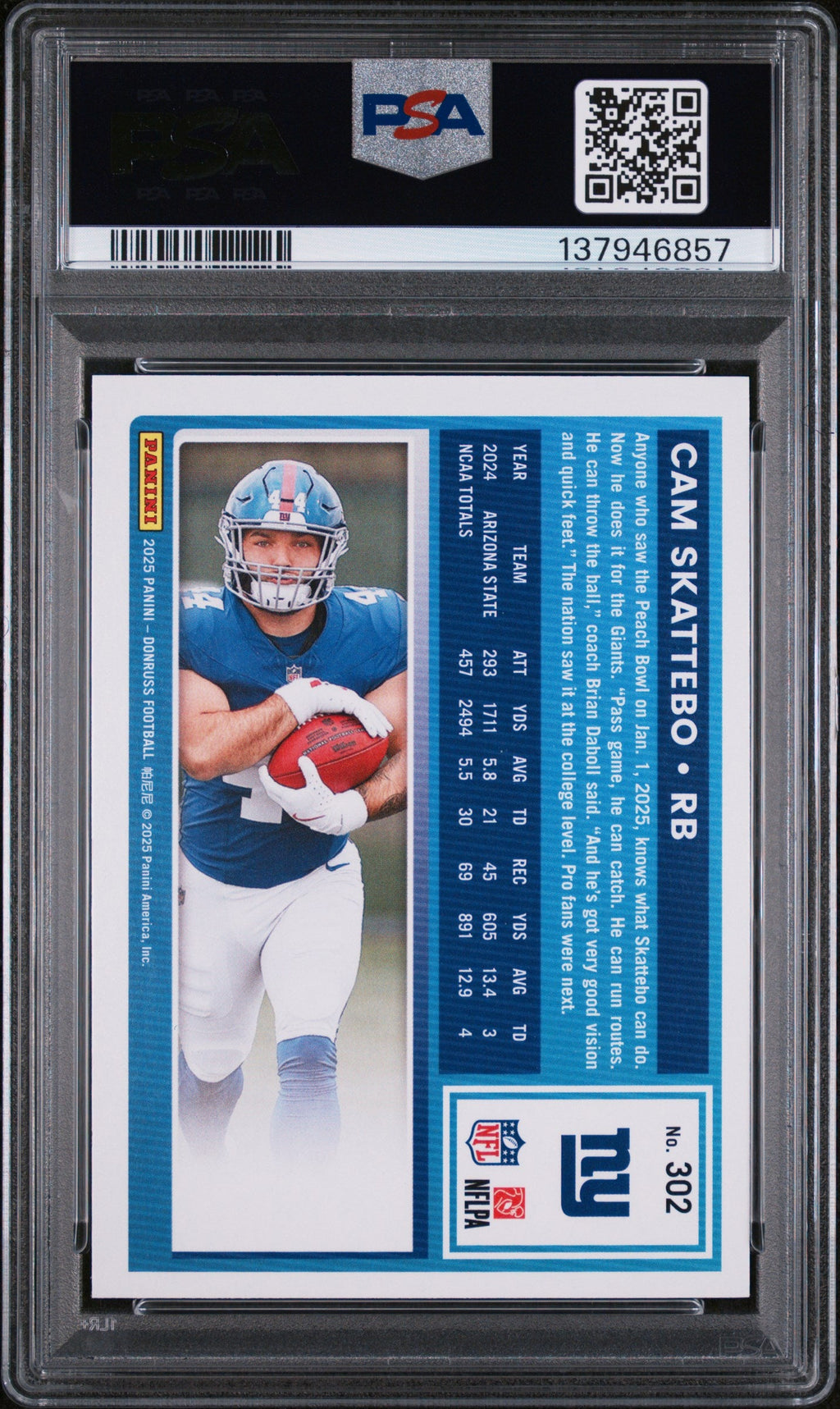 Graded 2025 Panini Donruss Cam Skattebo #302 Rookie RC Football Card PSA 8 Near Mint