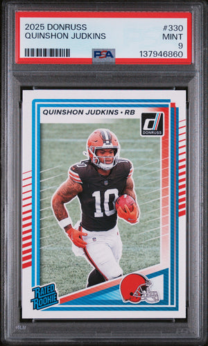 Graded 2025 Panini Donruss Quinshon Judkins #330 Rookie RC Football Card PSA 9 Mint