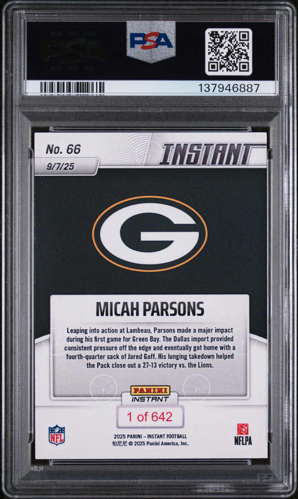 Graded 2025 Panini Instant Micah Parsons #66 Football Card PSA 10 Gem Mint