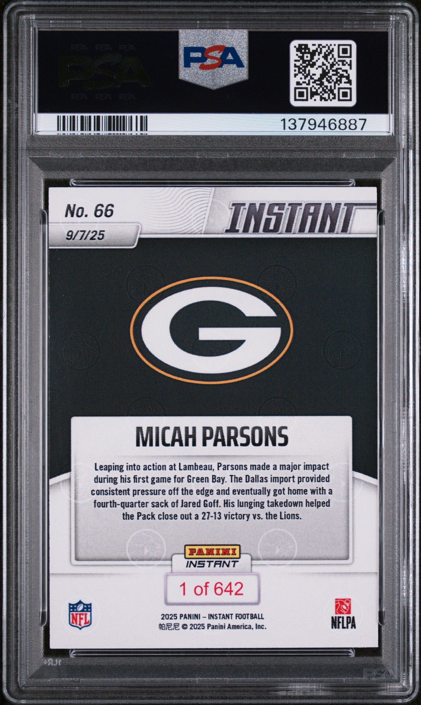 Graded 2025 Panini Instant Micah Parsons #66 Football Card PSA 10 Gem Mint