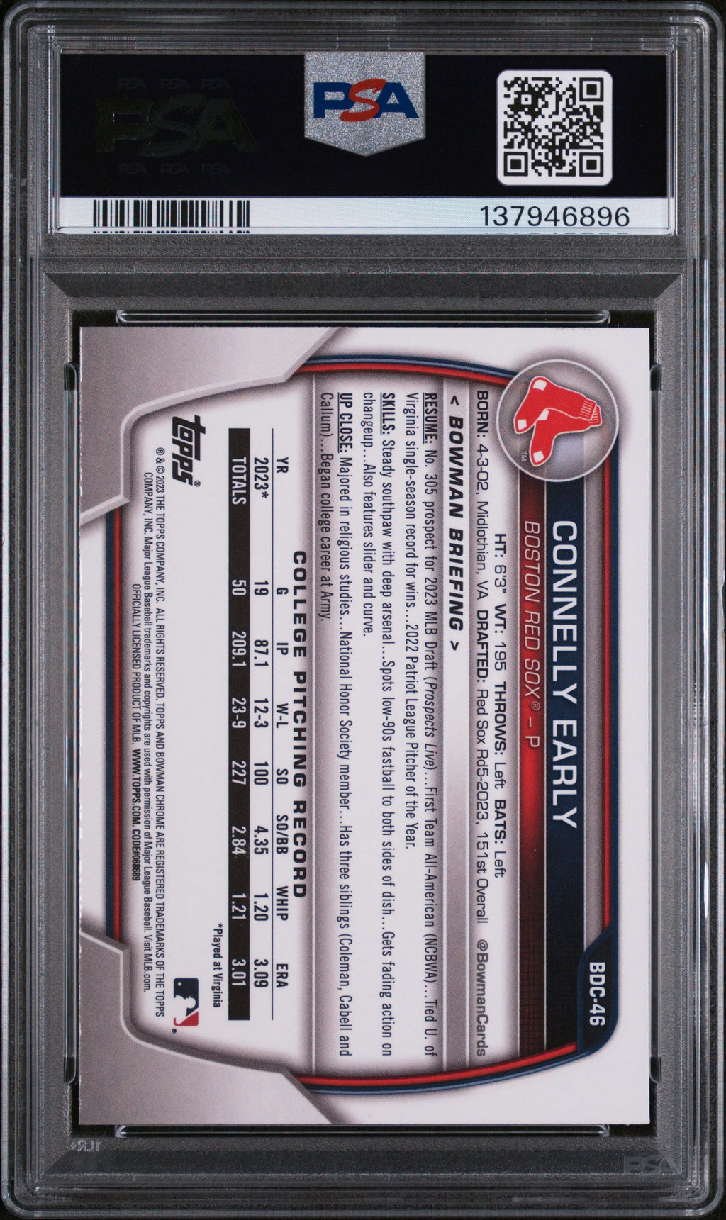Graded 2023 Topps Bowman Draft Connelly Early #BDC46 Chrome Refractor Rookie RC Baseball Card PSA 9 Mint