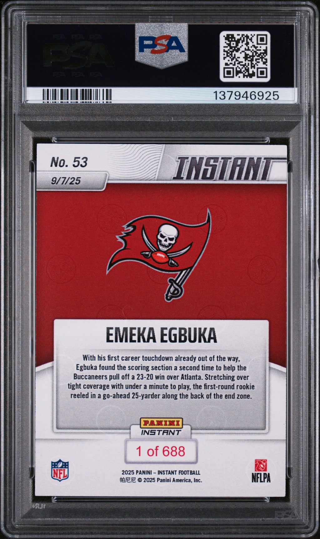 Graded 2025 Panini Instant NFL Emeka Egbuka #53 Rookie RC Football Card PSA 9 Mint