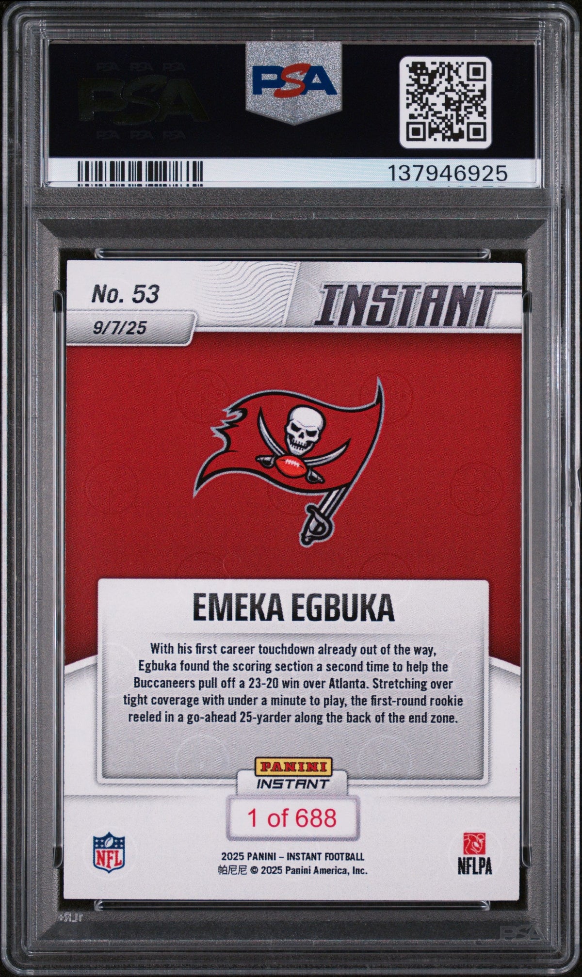Graded 2025 Panini Instant NFL Emeka Egbuka #53 Rookie RC Football Card PSA 9 Mint