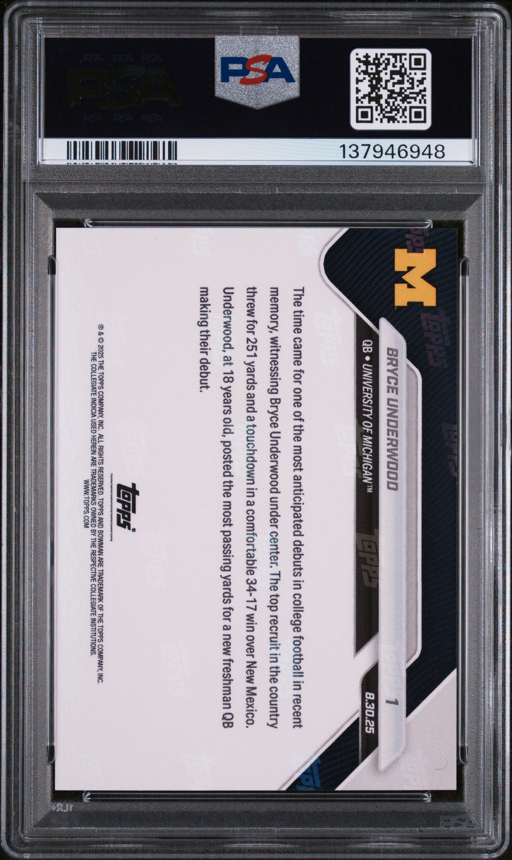 Graded 2025 Topps Bowman U Now Bryce Underwood #1 Rookie RC Football Card PSA 9 Mint