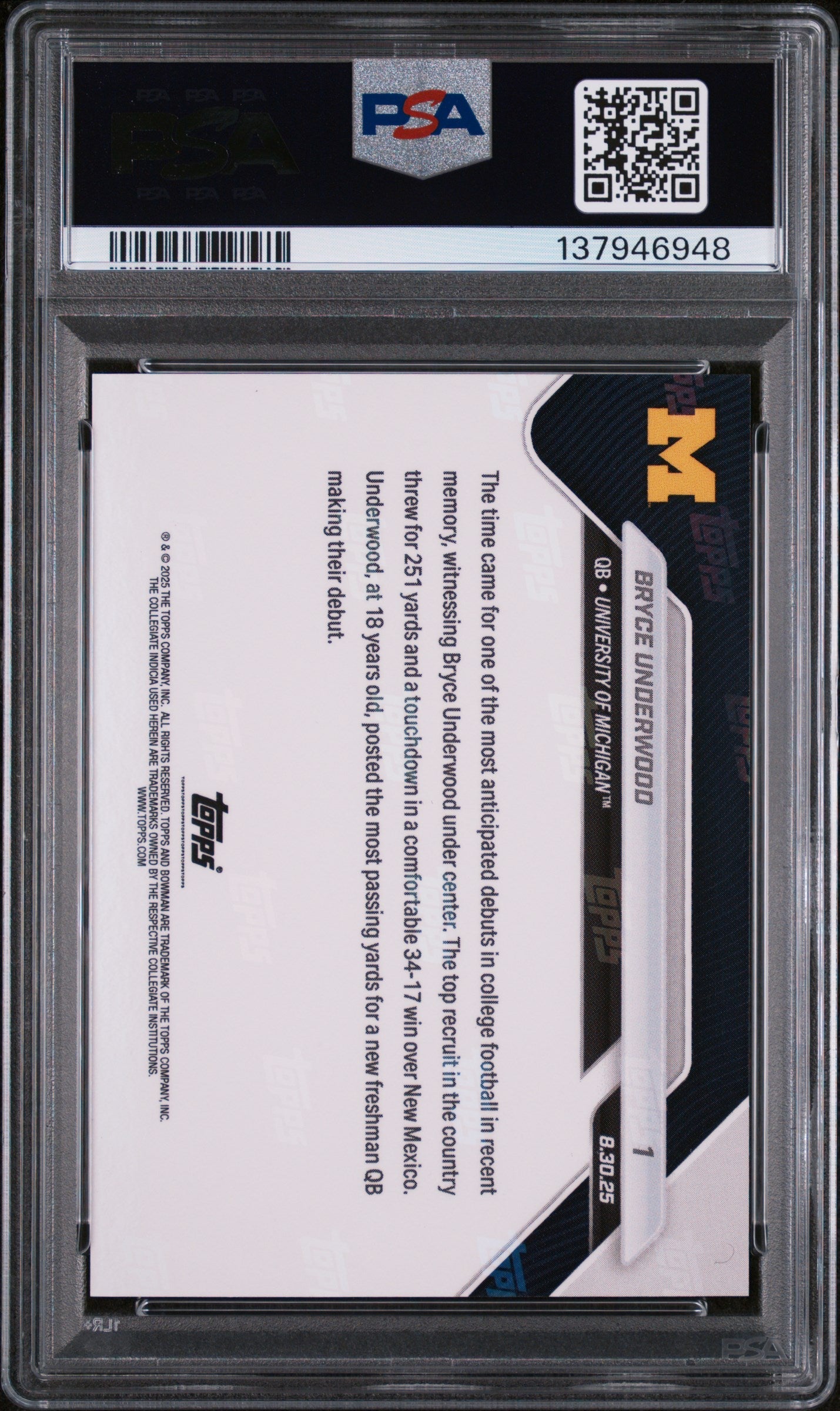 Graded 2025 Topps Bowman U Now Bryce Underwood #1 Rookie RC Football Card PSA 9 Mint