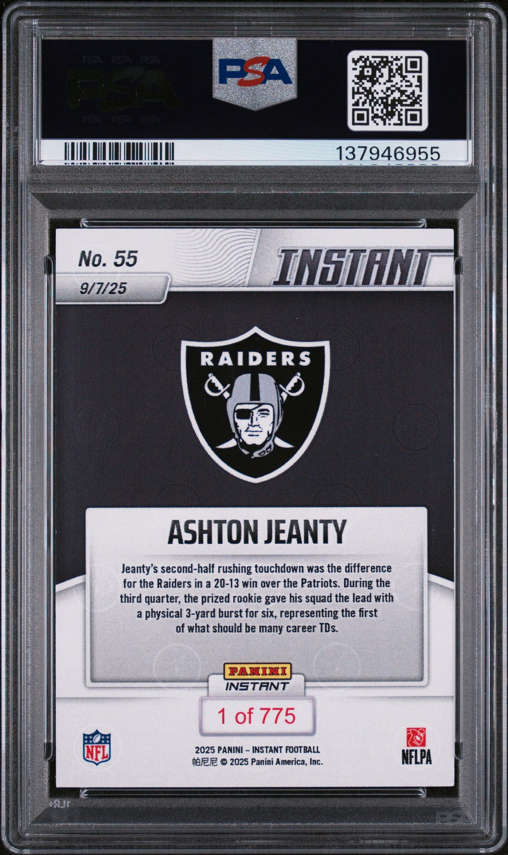 Graded 2025 Panini Instant Ashton Jeanty #55 Rookie RC Football Card PSA 10 Gem Mint